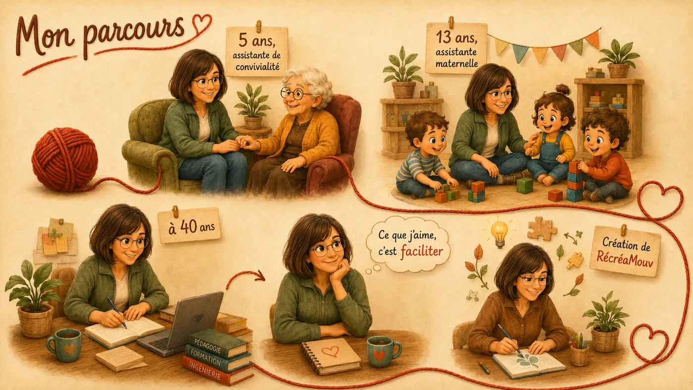Illustration : cinq scènes reliées par un fil de laine rouge. Marie-Christine auprès d’une personne âgée, puis avec de jeunes enfants, puis étudiante à son bureau, puis pensive avec la phrase « ce que j’aime, c’est faciliter », enfin en train de créer RécréaMouv.
