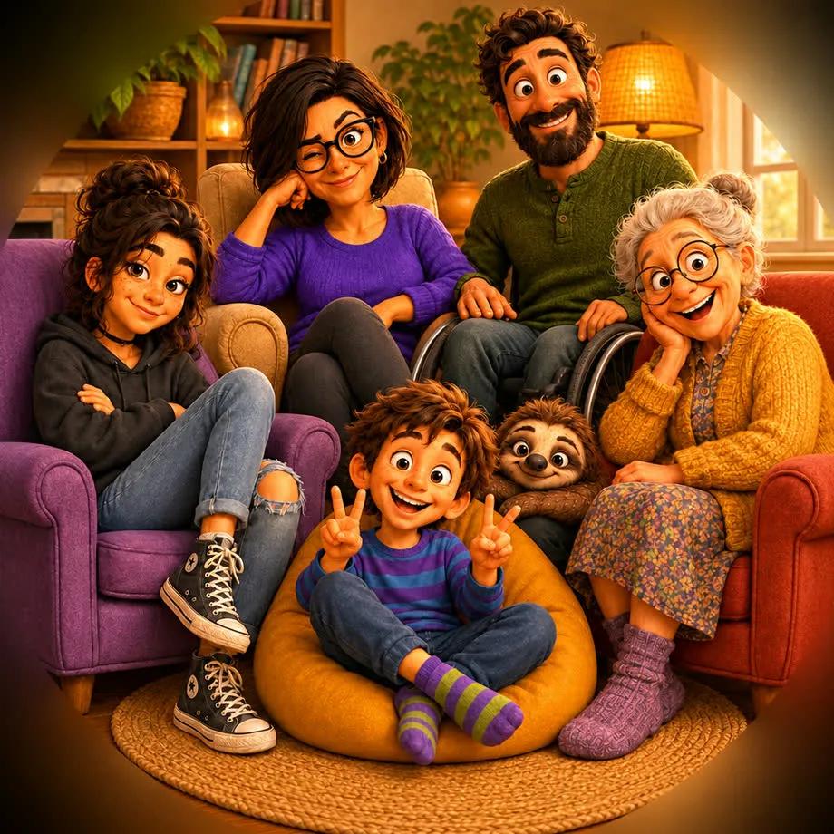 Illustration : une famille réunie dans son salon, une adolescente, une mère, un père en fauteuil roulant, une grand-mère et un jeune garçon, avec le paresseux de RécréaMouv au milieu d’eux.