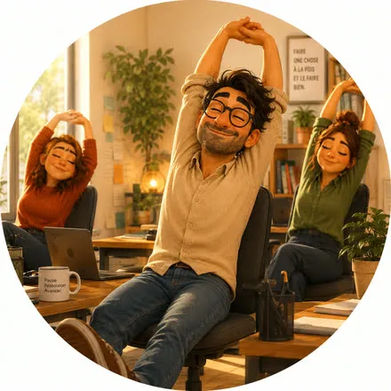 Illustration : trois collègues assis à leur bureau, les bras levés au-dessus de la tête, qui s’étirent en souriant au milieu de leur journée de travail.