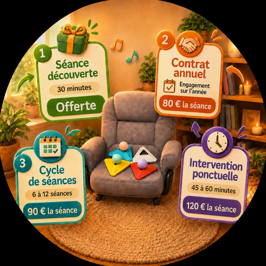 Illustration : les quatre formules RécréaMouv présentées autour d’un fauteuil, séance découverte de 30 minutes offerte, contrat annuel à 80 € la séance, cycle de 6 à 12 séances à 90 € la séance et intervention ponctuelle de 45 à 60 minutes à 120 € la séance.